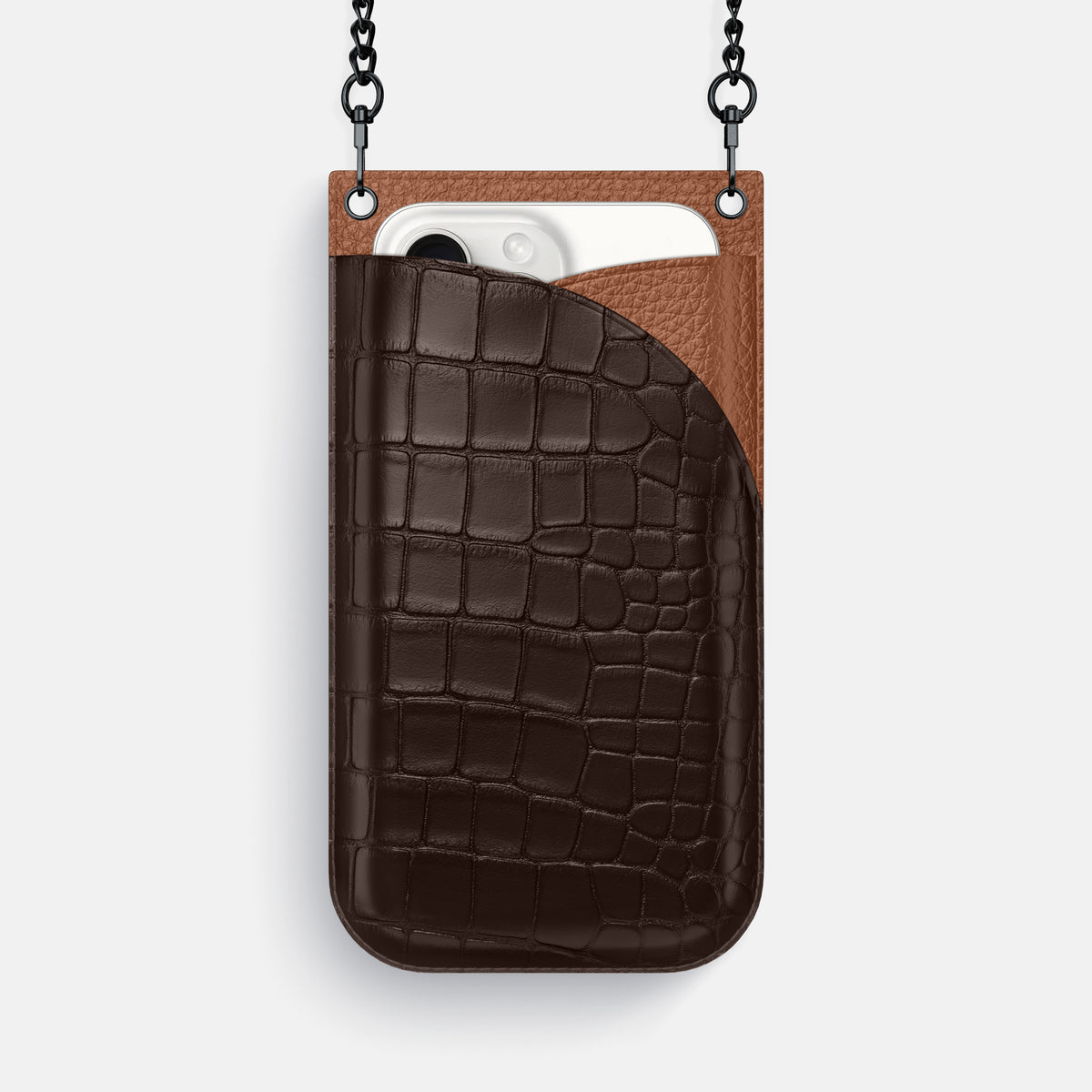 Dark-Brown iPhone 16 Pro Max Crossbody Bag Alligator with Black Metal -1 | Dark-Brown-Black