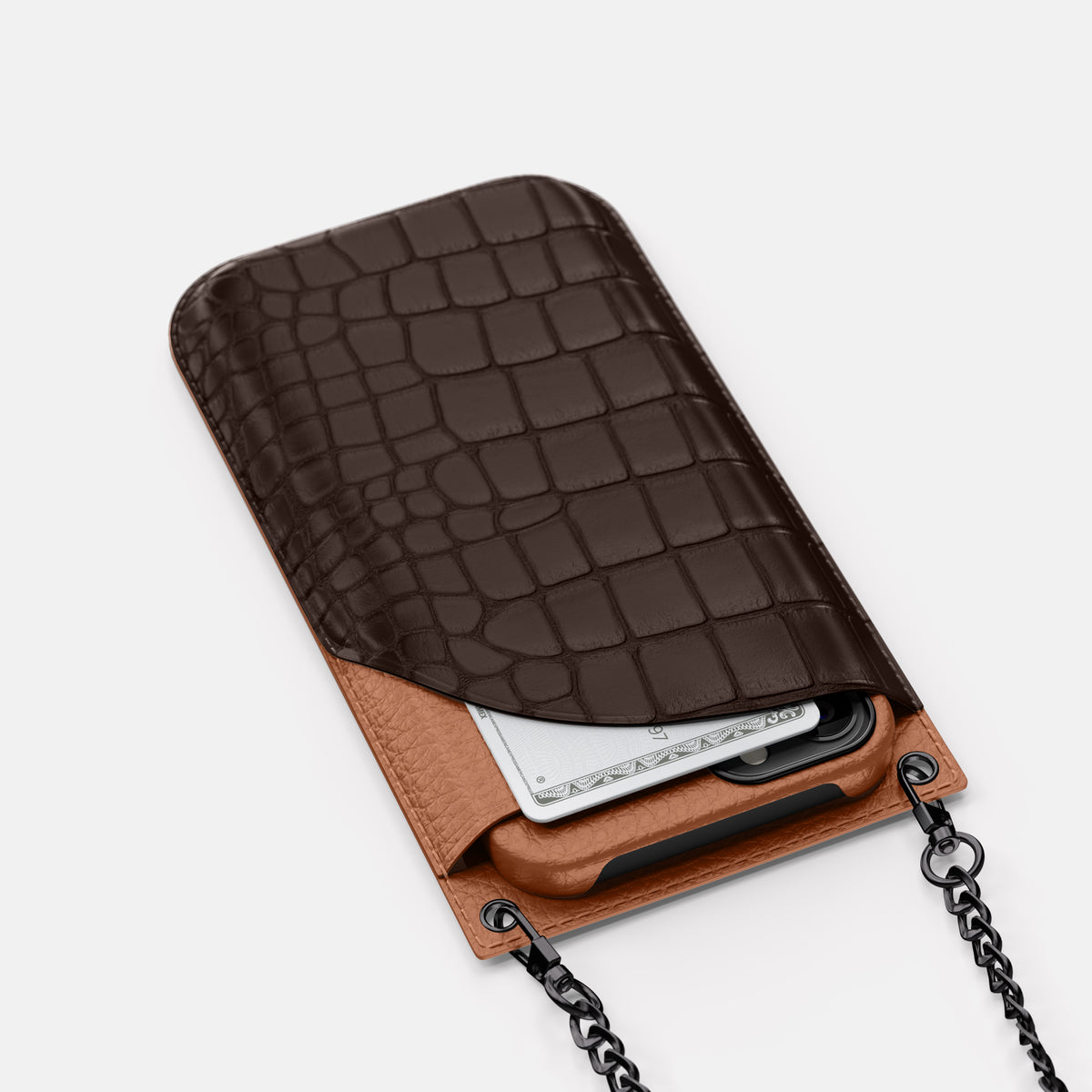 Dark-Brown iPhone 16 Pro Max Crossbody Bag Alligator with Black Metal -5 | Dark-Brown-Black