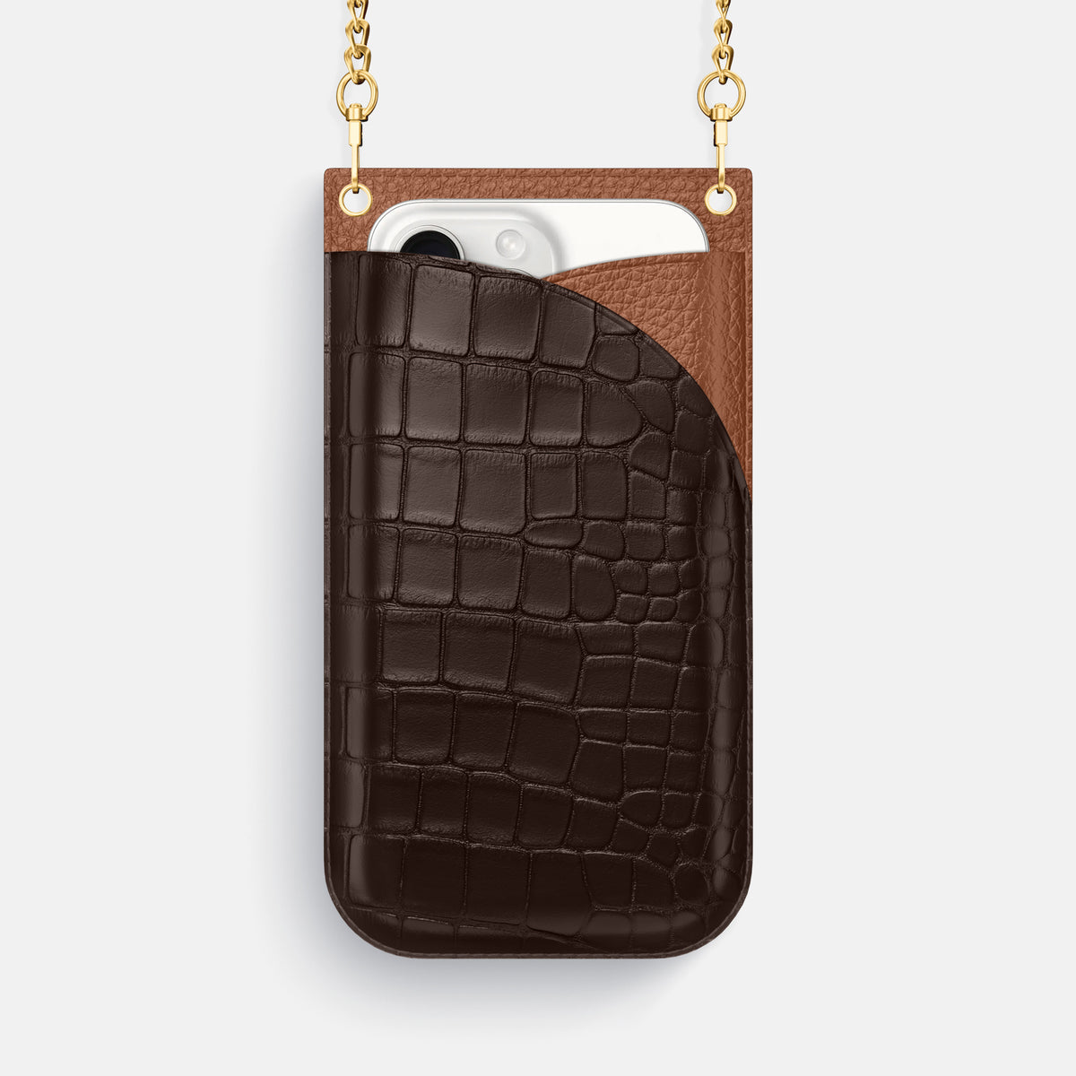 Dark-Brown iPhone 16 Pro Max Crossbody Bag Alligator with Gold Metal -1 | Dark-Brown-Gold