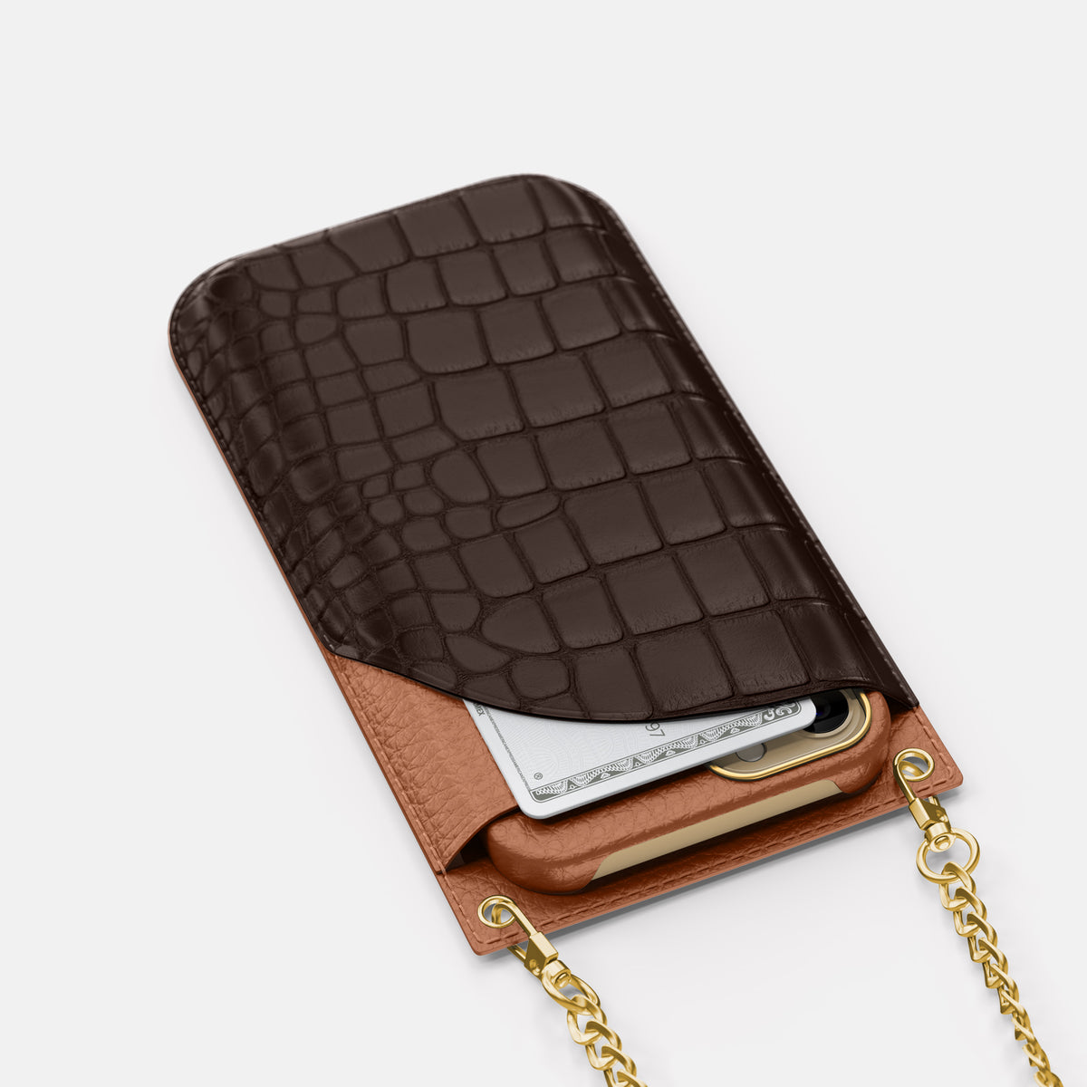 Dark-Brown iPhone 16 Pro Max Crossbody Bag Alligator with Gold Metal -5 | Dark-Brown-Gold