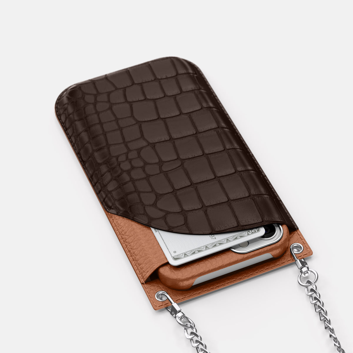 Dark-Brown iPhone 16 Pro Max Crossbody Bag Alligator with Steel Metal -5 | Dark-Brown-Steel