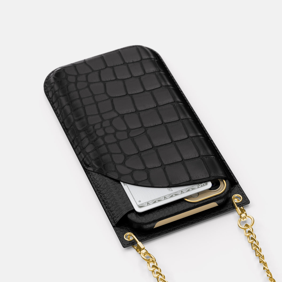 Black iPhone 16 Pro Max Crossbody Bag Alligator with Gold Metal -5 | Black-Gold