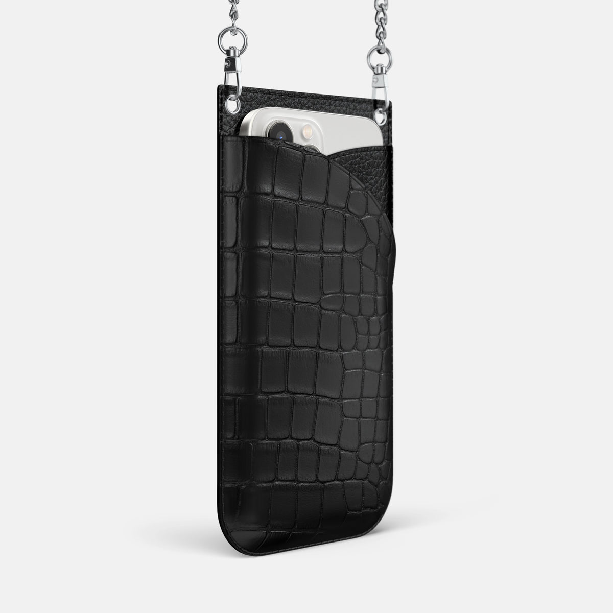 Black iPhone 16 Pro Max Crossbody Bag Alligator with Steel Metal -2 | Black-Steel