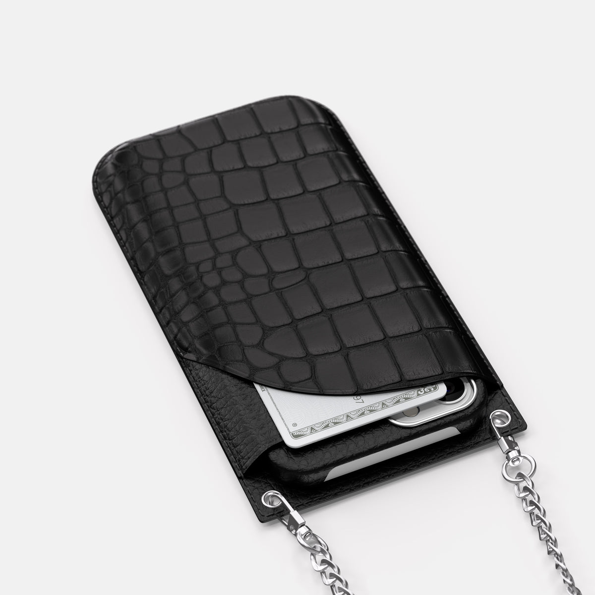 Black iPhone 16 Pro Max Crossbody Bag Alligator with Steel Metal -5 | Black-Steel