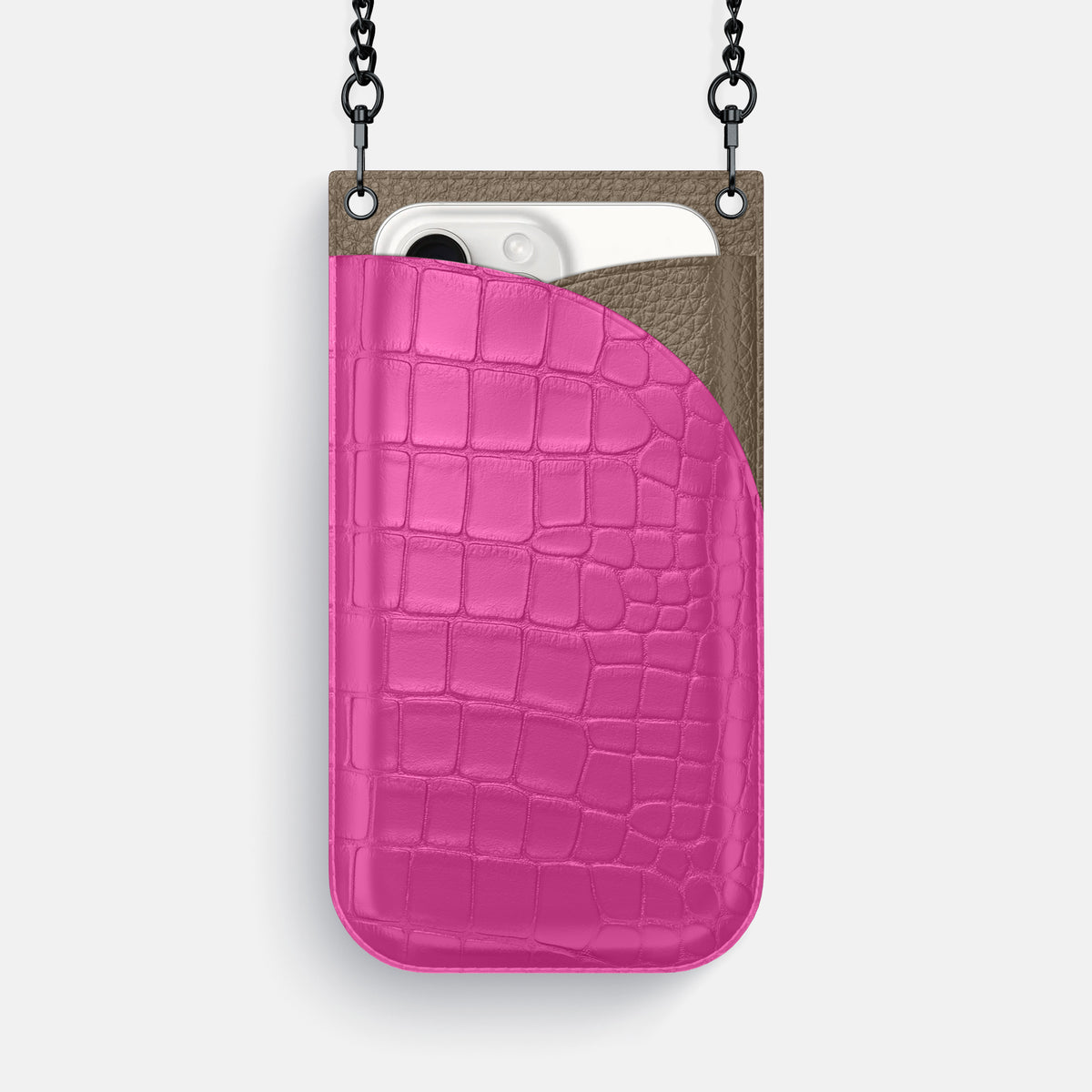 Fuchsia iPhone 16 Pro Max Crossbody Bag Alligator with Black Metal -1 | Fuchsia-Black