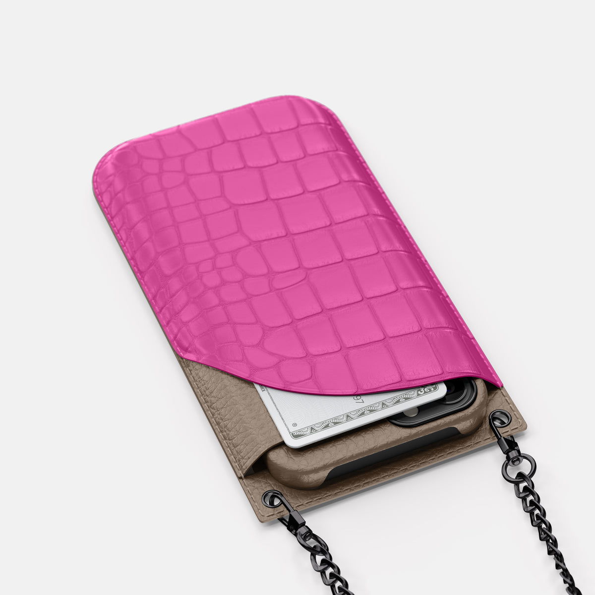 Fuchsia iPhone 16 Pro Max Crossbody Bag Alligator with Black Metal -5 | Fuchsia-Black