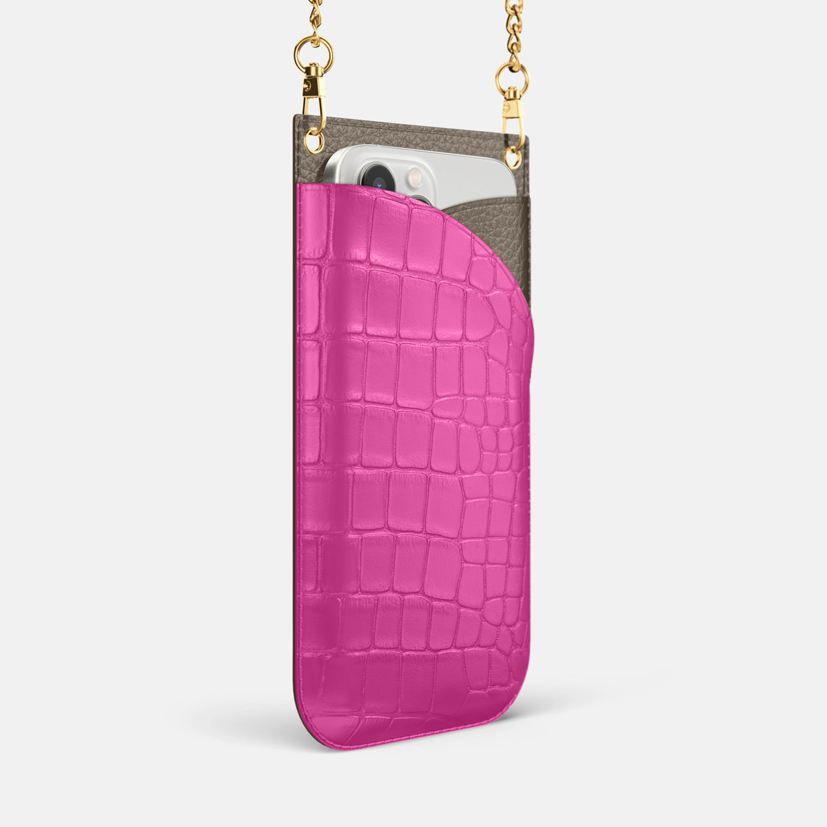 Fuchsia iPhone 16 Pro Max Crossbody Bag Alligator with Gold Metal -2 | Fuchsia-Gold