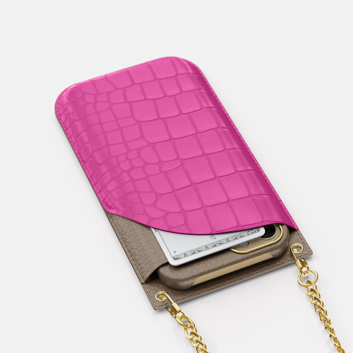 Fuchsia iPhone 16 Pro Max Crossbody Bag Alligator with Gold Metal -5 | Fuchsia-Gold