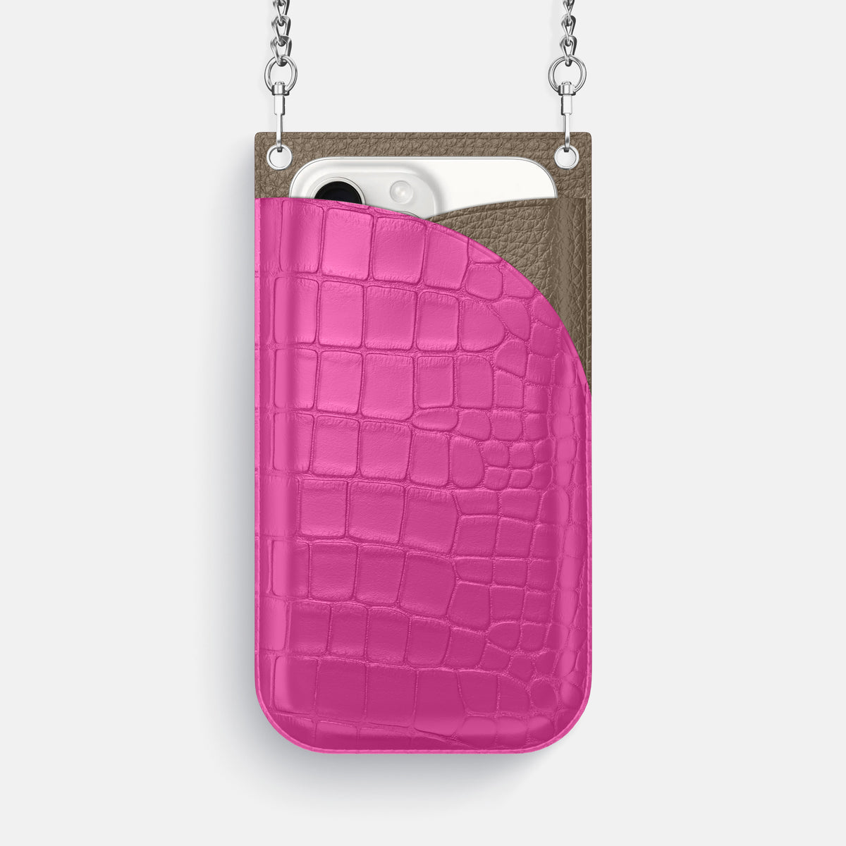 Fuchsia iPhone 16 Pro Max Crossbody Bag Alligator with Steel Metal -1 | Fuchsia-Steel