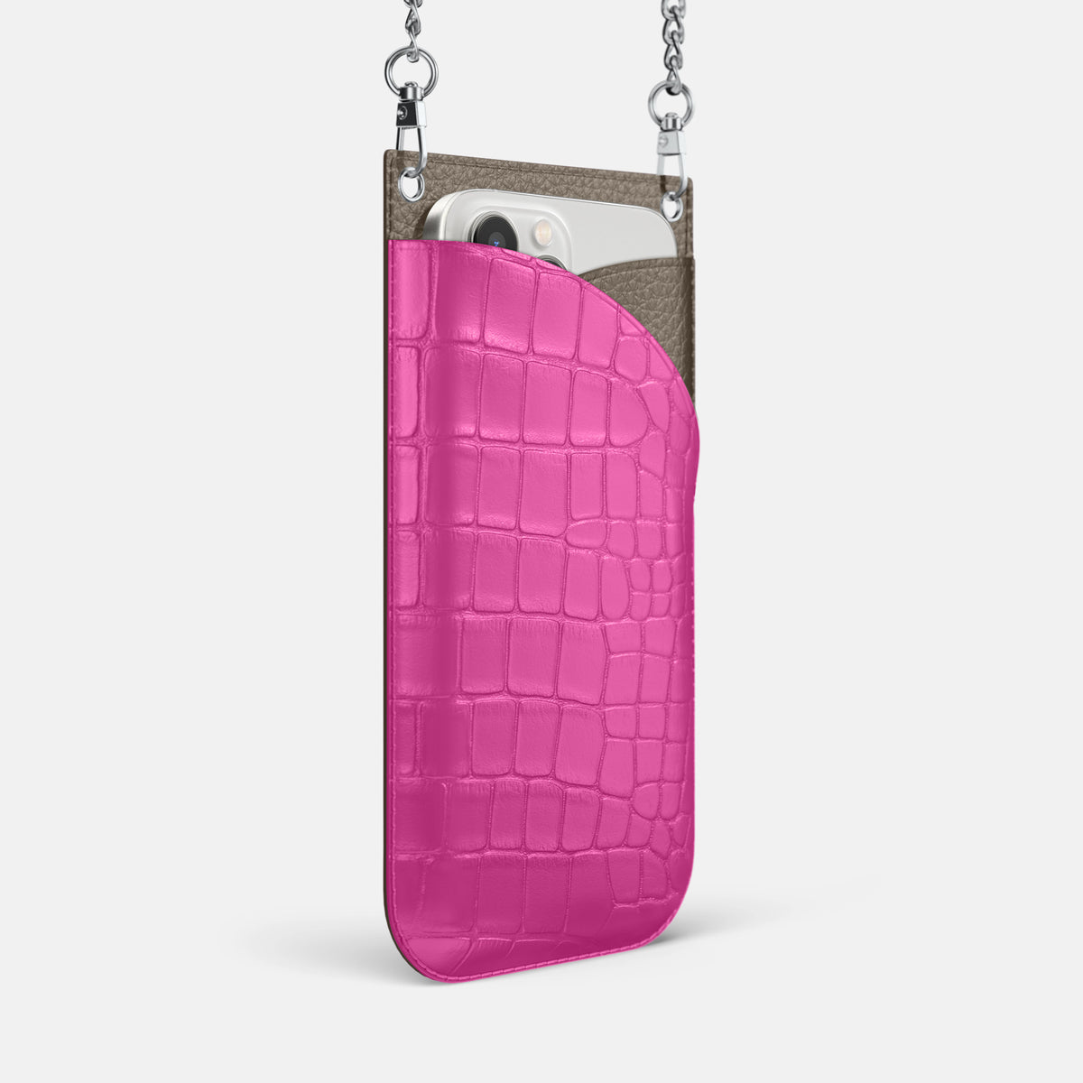 Fuchsia iPhone 16 Pro Max Crossbody Bag Alligator with Steel Metal -2 | Fuchsia-Steel