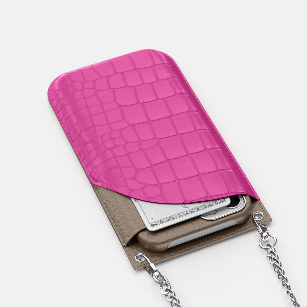 Fuchsia iPhone 16 Pro Max Crossbody Bag Alligator with Steel Metal -5 | Fuchsia-Steel