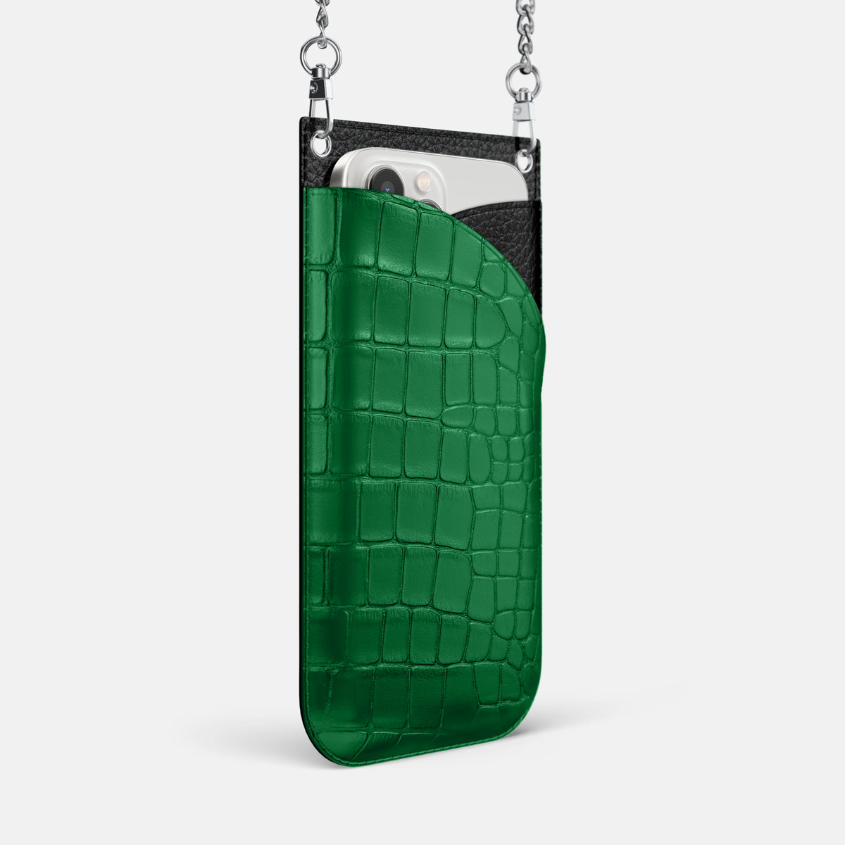 Forest-Green iPhone 16 Pro Max Crossbody Bag In Alligator with Steel Metal -2 | Forest-Green-Steel