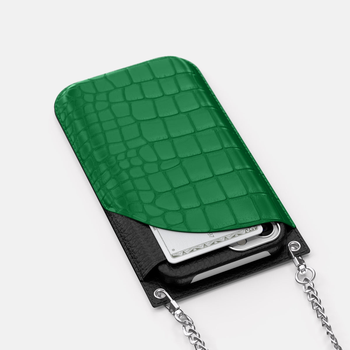 Forest-Green iPhone 16 Pro Max Crossbody Bag In Alligator with Steel Metal -5 | Forest-Green-Steel