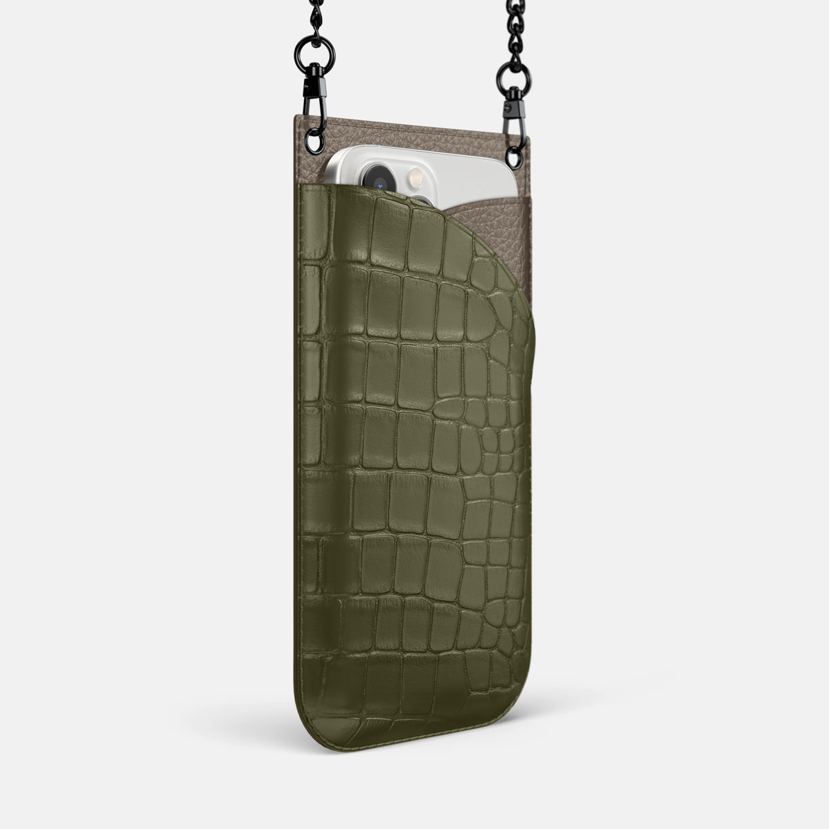 Kaki-Green iPhone 16 Pro Max Crossbody Bag Alligator with Black Metal -2 | Kaki-Green-Black