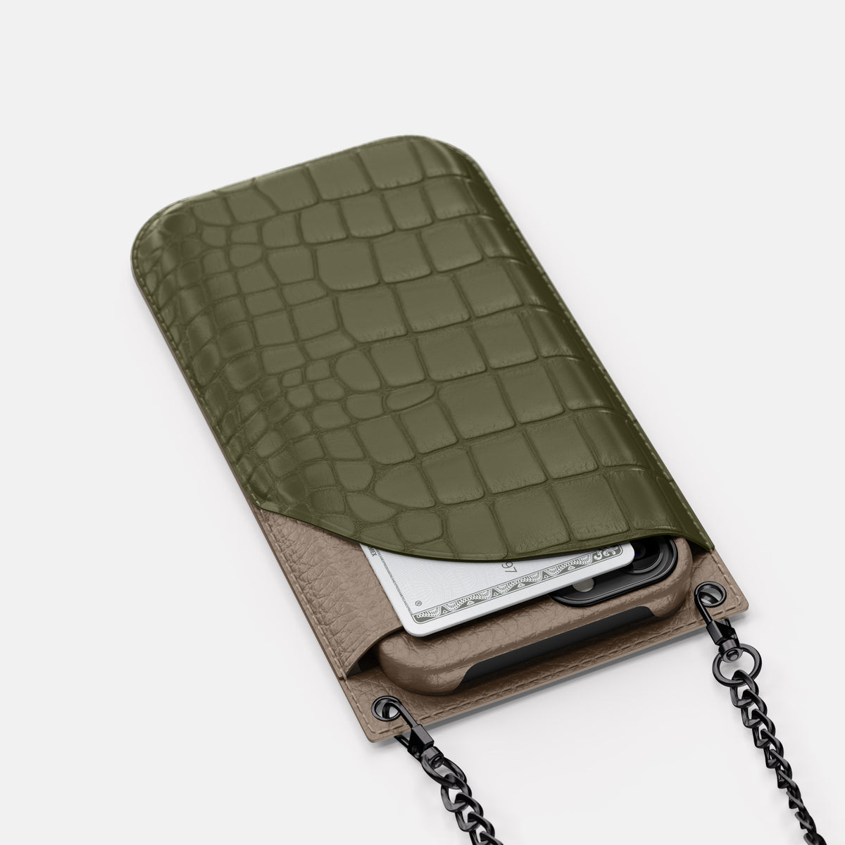 Kaki-Green iPhone 16 Pro Max Crossbody Bag Alligator with Black Metal -5 | Kaki-Green-Black
