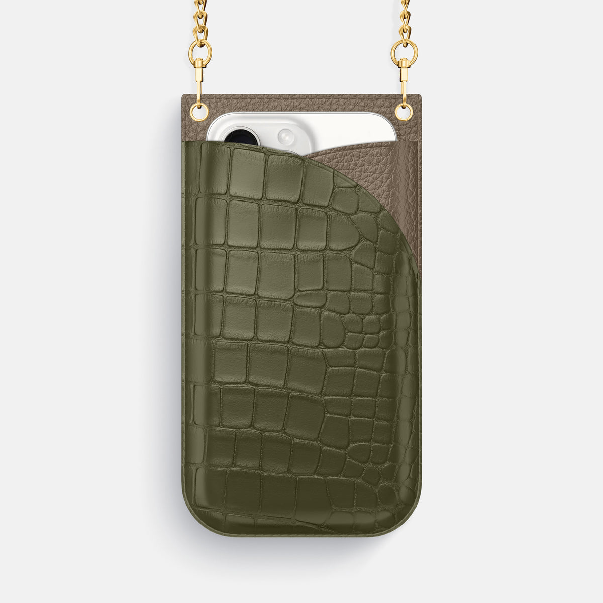 Kaki-Green iPhone 16 Pro Max Crossbody Bag Alligator with Gold Metal -1 | Kaki-Green-Gold