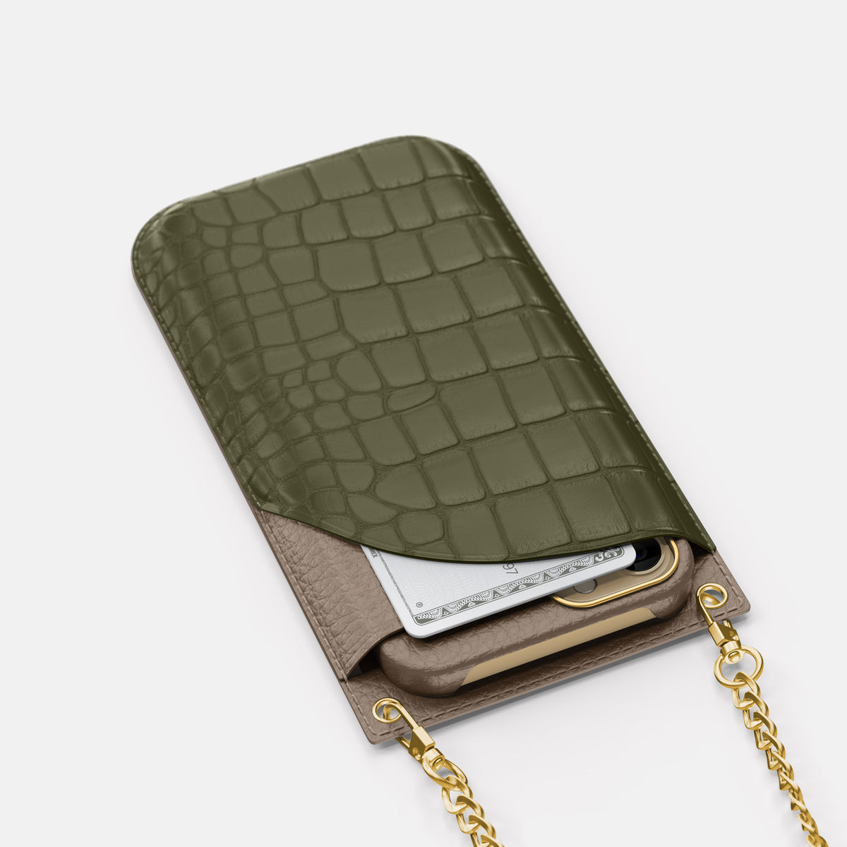 Kaki-Green iPhone 16 Pro Max Crossbody Bag Alligator with Gold Metal -5 | Kaki-Green-Gold