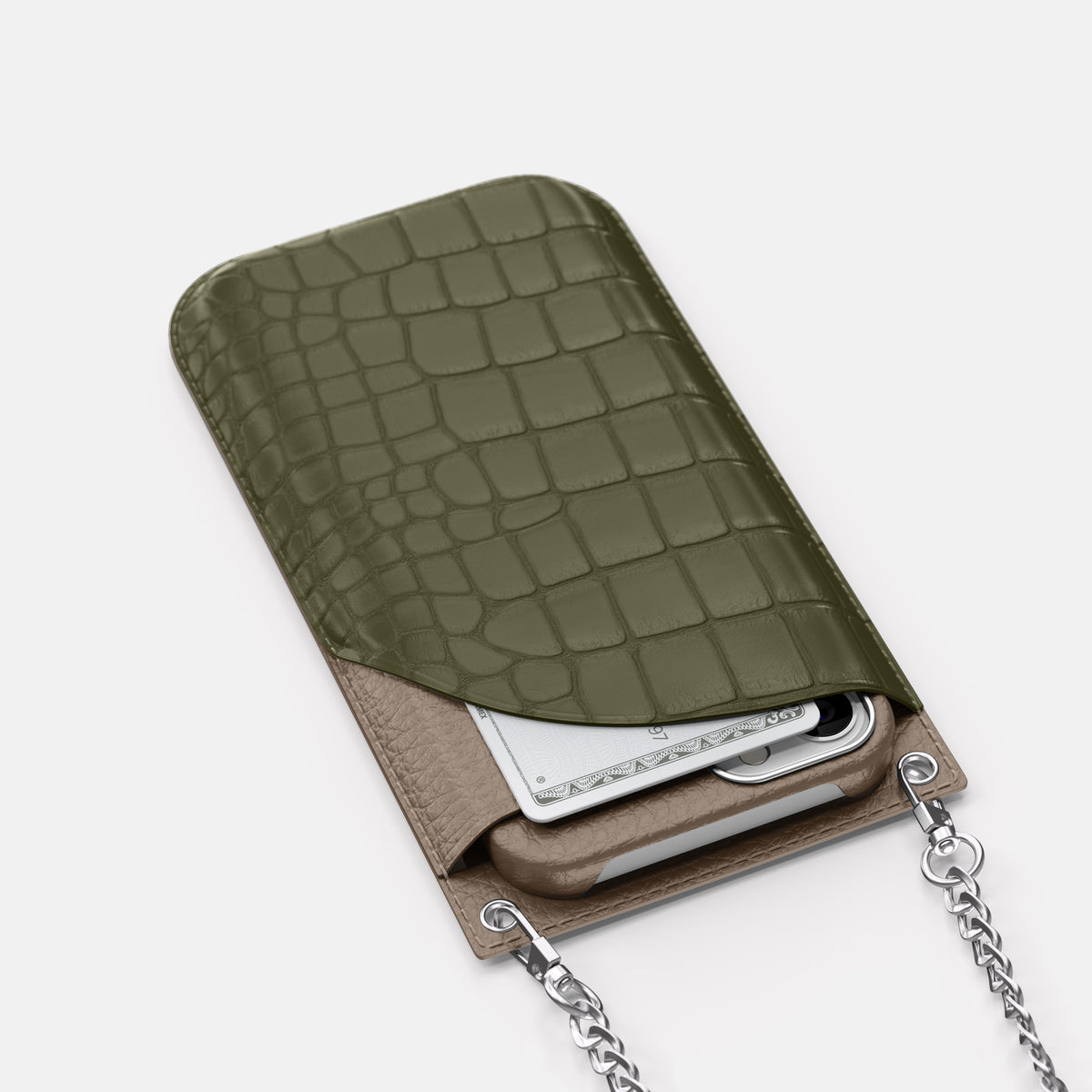 Kaki-Green iPhone 16 Pro Max Crossbody Bag Alligator with Steel Metal -5 | Kaki-Green-Steel