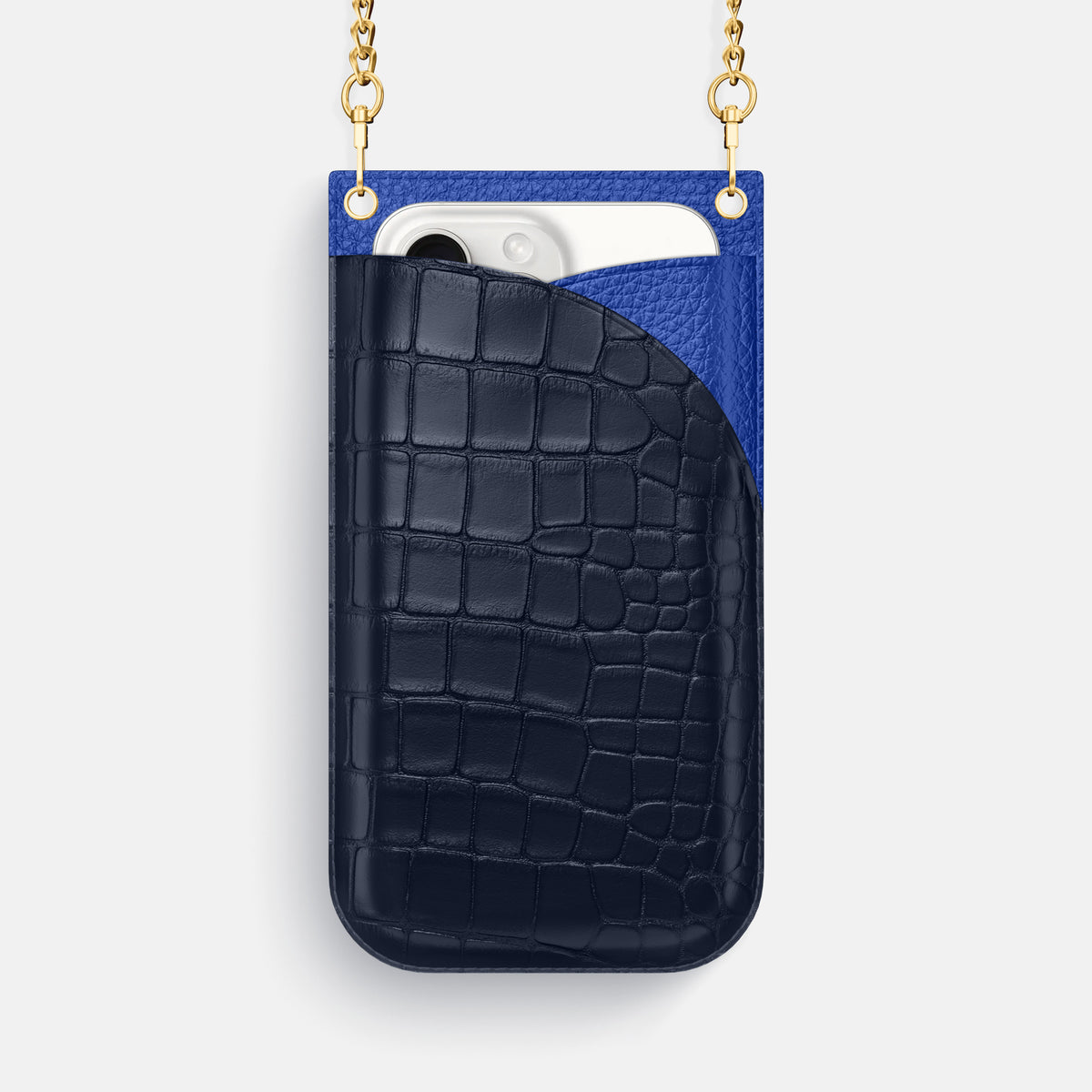 Navy Blue iPhone 16 Pro Max Crossbody Bag Alligator with Gold Metal -1 | Navy-Blue-Gold