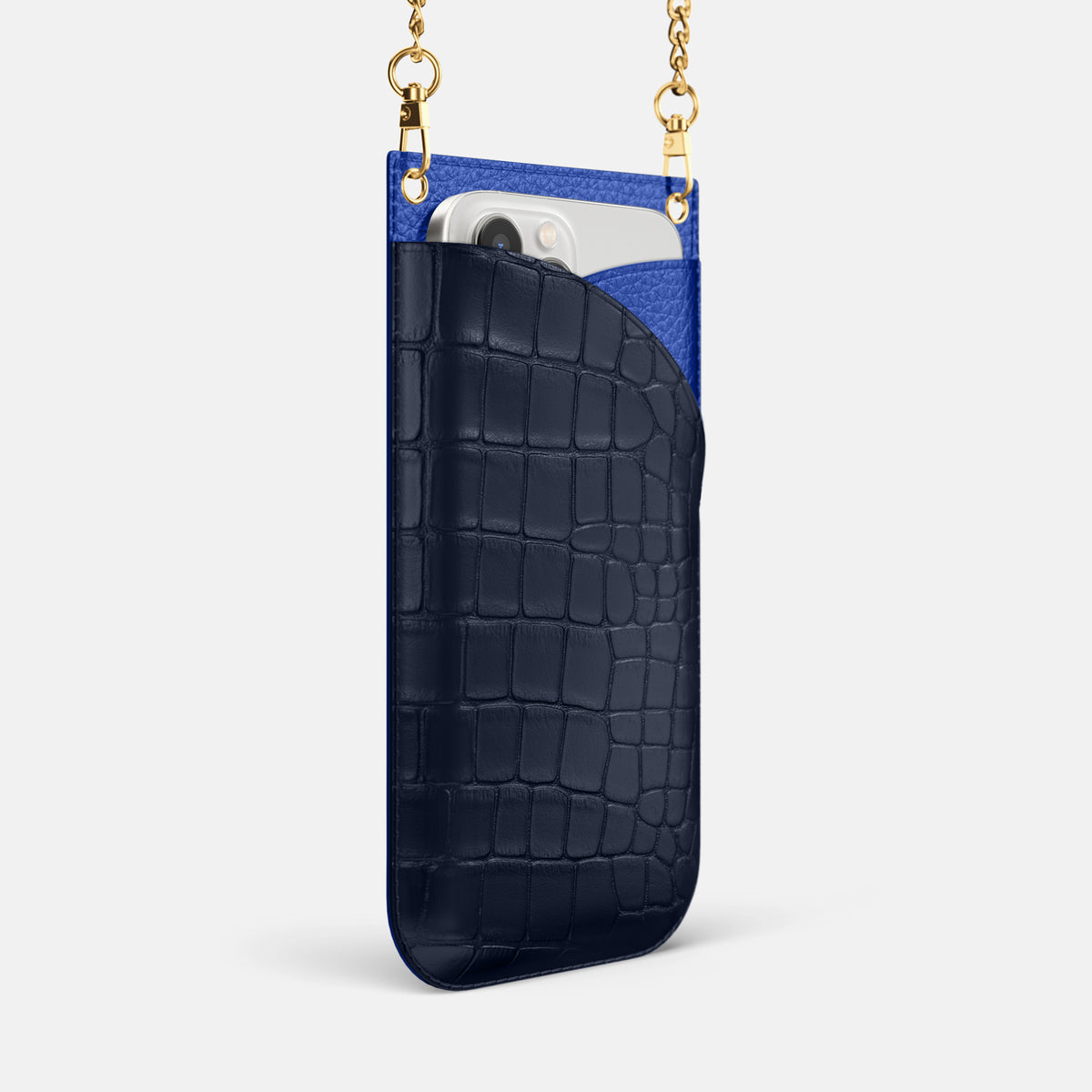 Navy Blue iPhone 16 Pro Max Crossbody Bag Alligator with Gold Metal -2 | Navy-Blue-Gold