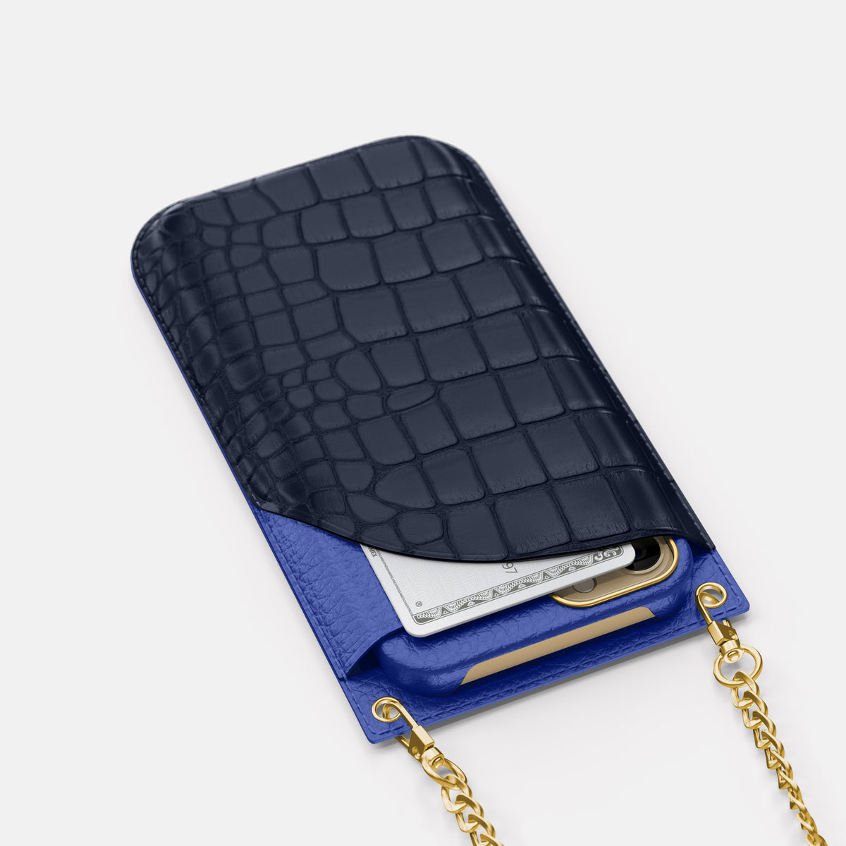 Navy Blue iPhone 16 Pro Max Crossbody Bag Alligator with Gold Metal -5 | Navy-Blue-Gold