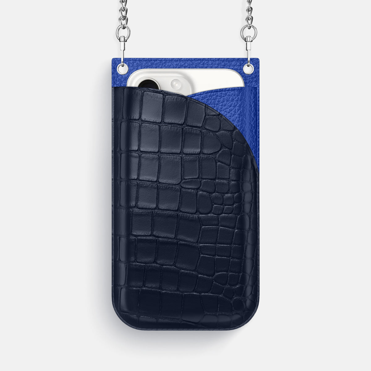 Navy Blue iPhone 16 Pro Max Crossbody Bag Alligator with Steel Metal -1 | Navy-Blue-Steel