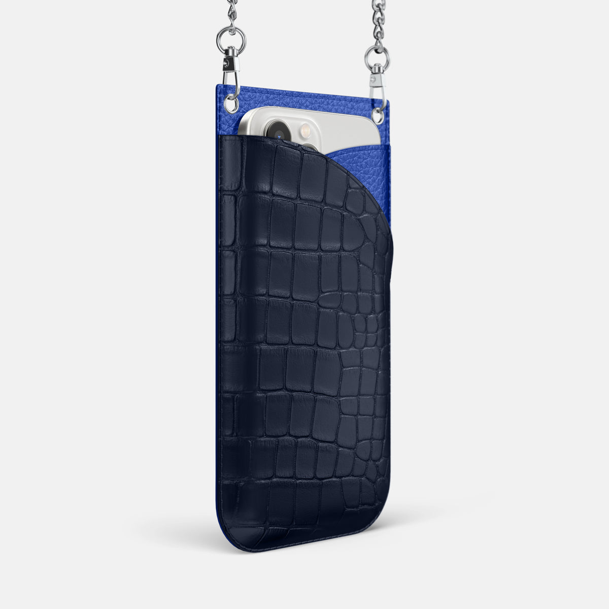 Navy Blue iPhone 16 Pro Max Crossbody Bag Alligator with Steel Metal -2 | Navy-Blue-Steel