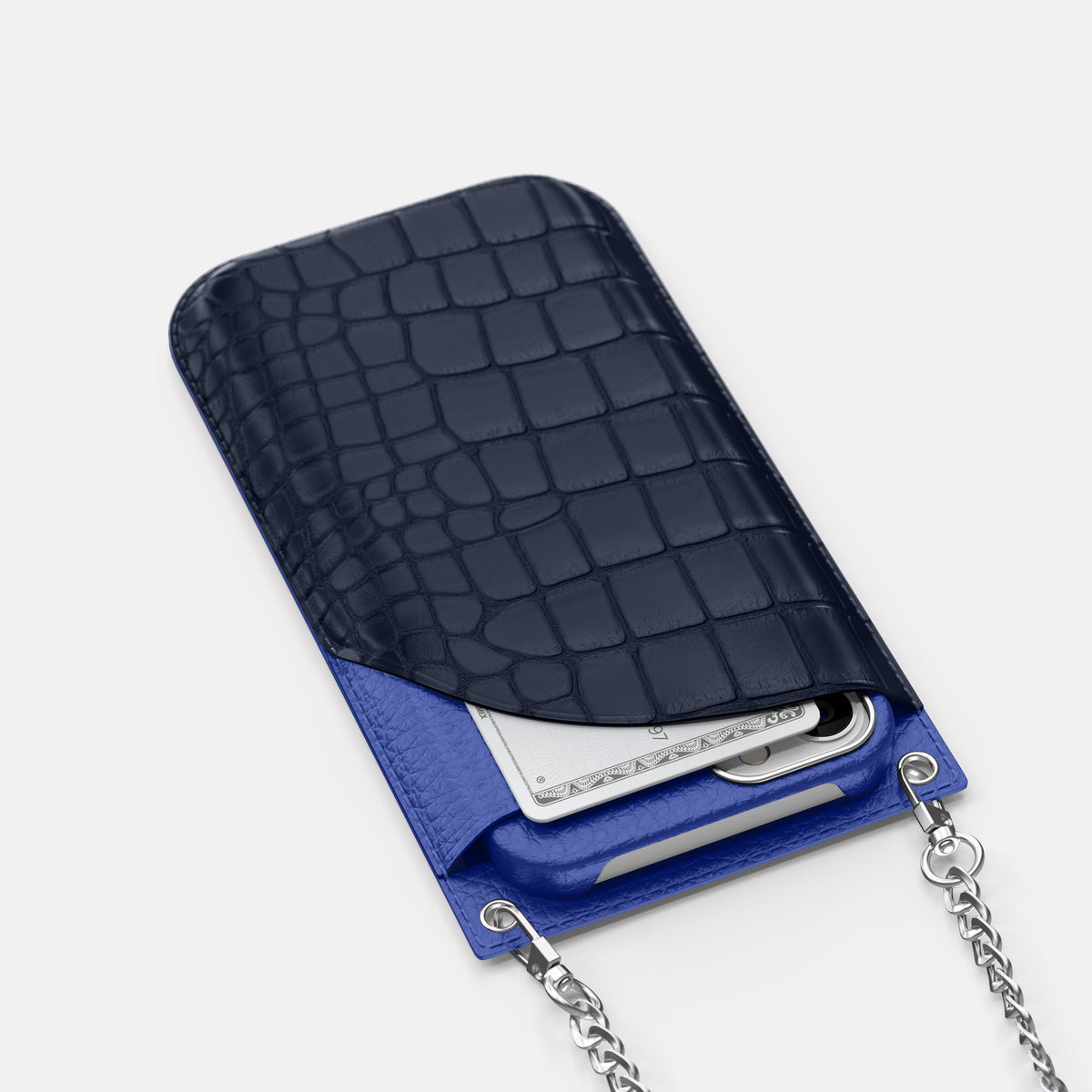 Navy Blue iPhone 16 Pro Max Crossbody Bag Alligator with Steel Metal -5 | Navy-Blue-Steel
