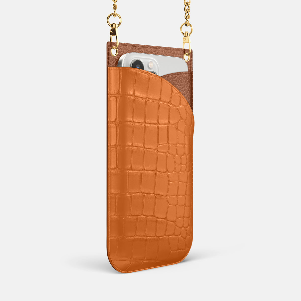Orange iPhone 16 Pro Max Crossbody Bag Alligator with Gold Metal -2 | Orange-Gold