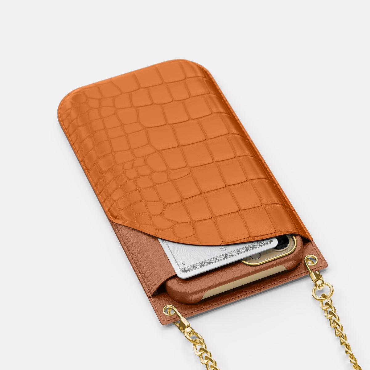 Orange iPhone 16 Pro Max Crossbody Bag Alligator with Gold Metal -5 | Orange-Gold