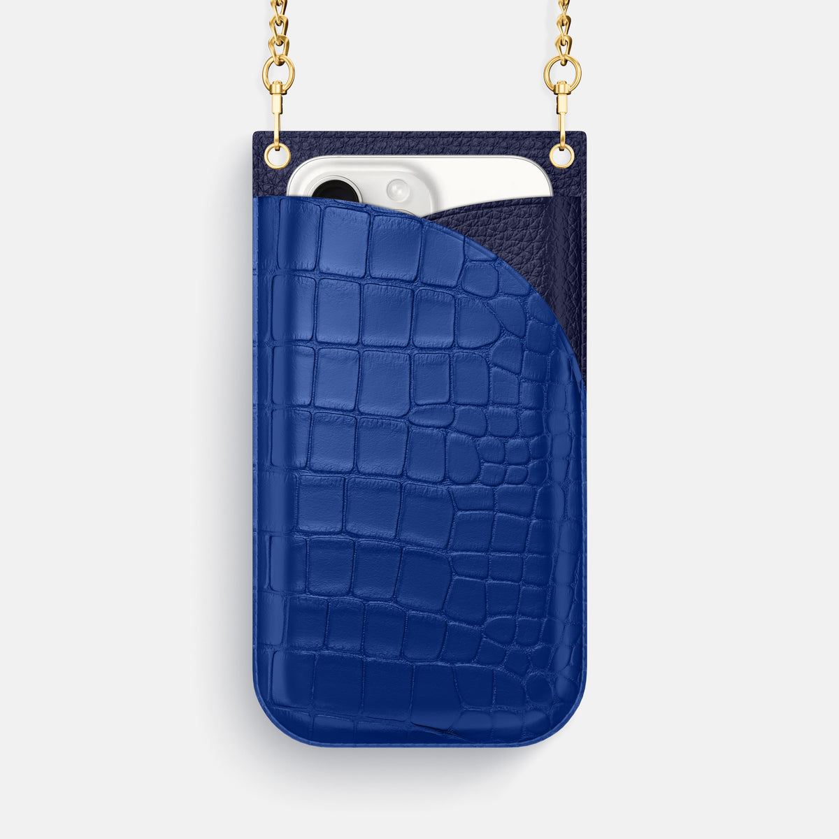 Royal Blue iPhone 16 Pro Max Crossbody Bag Alligator with Gold Metal -1 | Royal-Blue-Gold