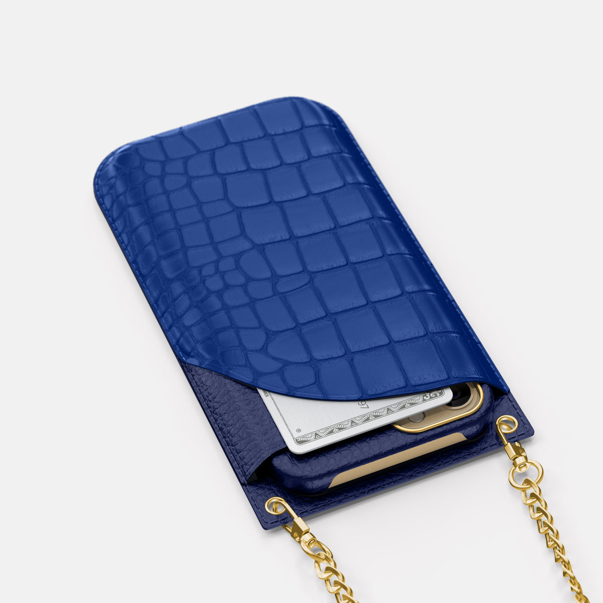Royal Blue iPhone 16 Pro Max Crossbody Bag Alligator with Gold Metal -5 | Royal-Blue-Gold