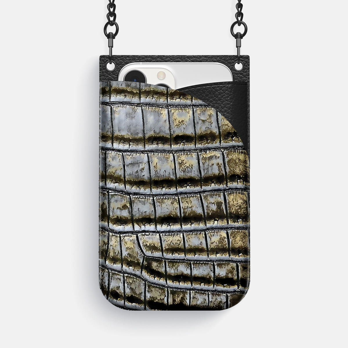 Antique-Bronze iPhone 16 Pro Max Crossbody Bag Himalayan Crocodile with Black Metal -1 | Antique-Bronze-Black