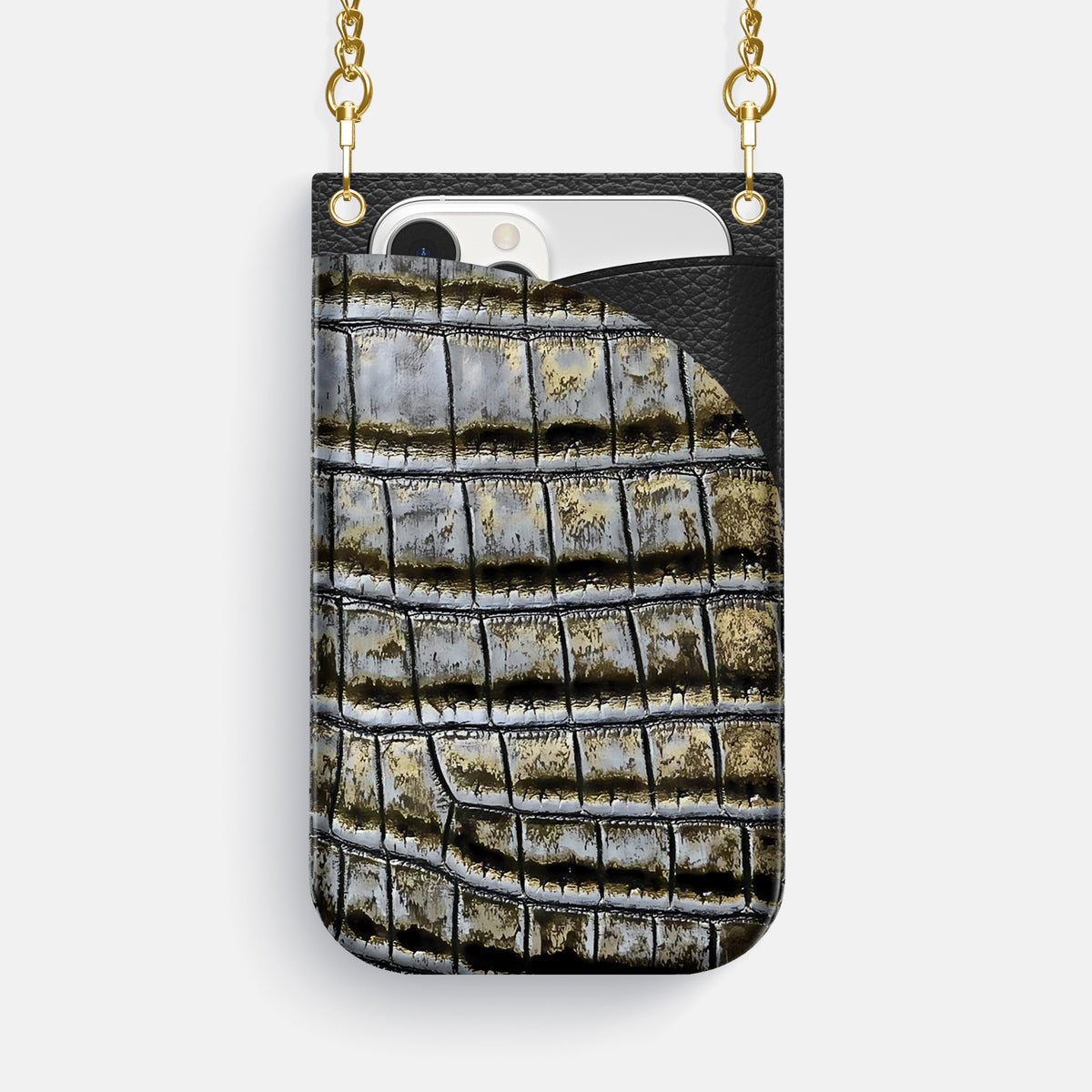 Antique-Bronze iPhone 16 Pro Max Crossbody Bag Himalayan Crocodile with Gold Metal -1 | Antique-Bronze-Gold