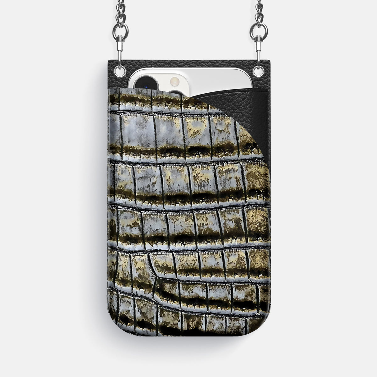 Antique-Bronze iPhone 16 Pro Max Crossbody Bag Himalayan Crocodile with Steel Metal -1 | Antique-Bronze-Steel