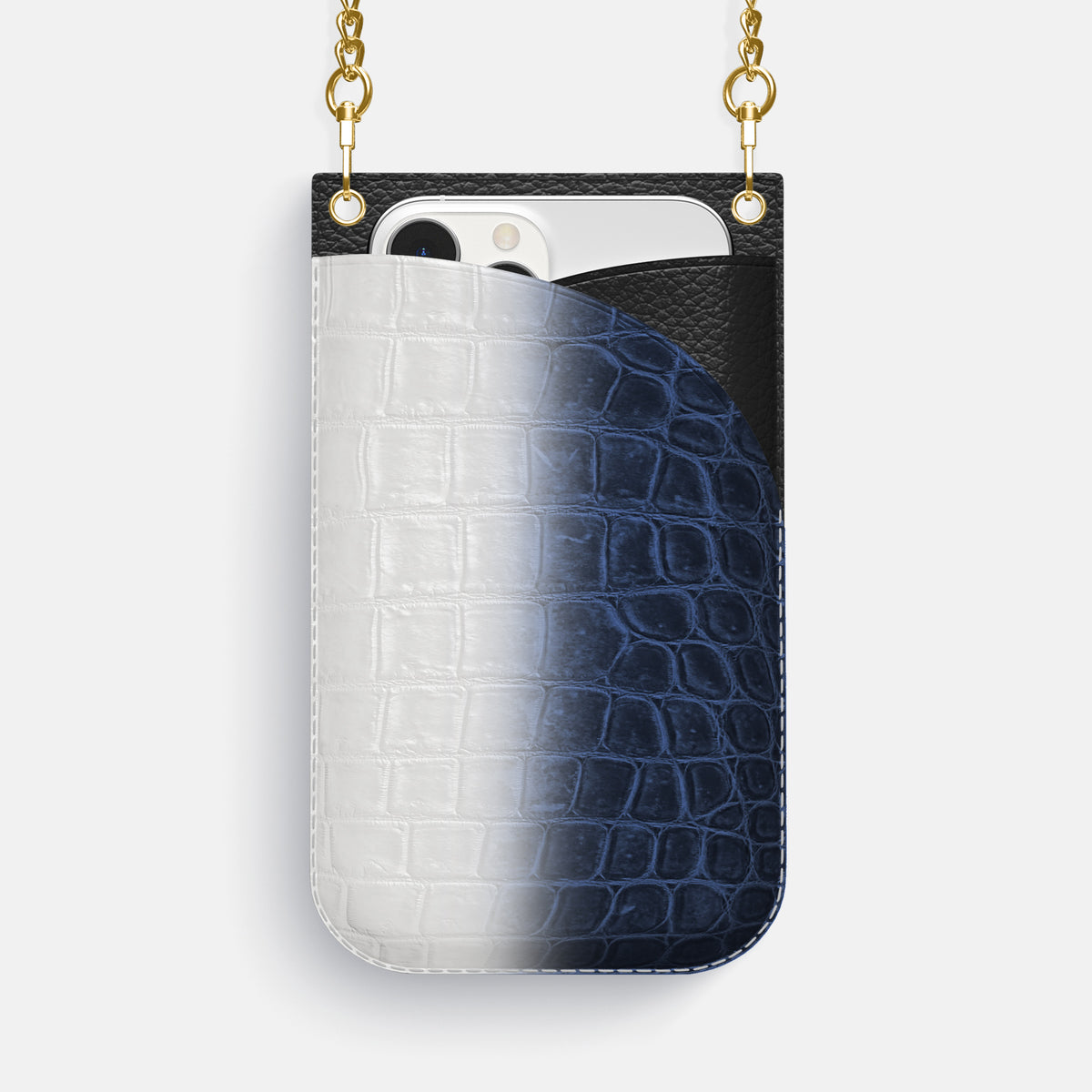 Navy Blue iPhone 16 Pro Max Crossbody Bag Himalayan Crocodile with Gold Metal -1 | Navy-Blue-Gold