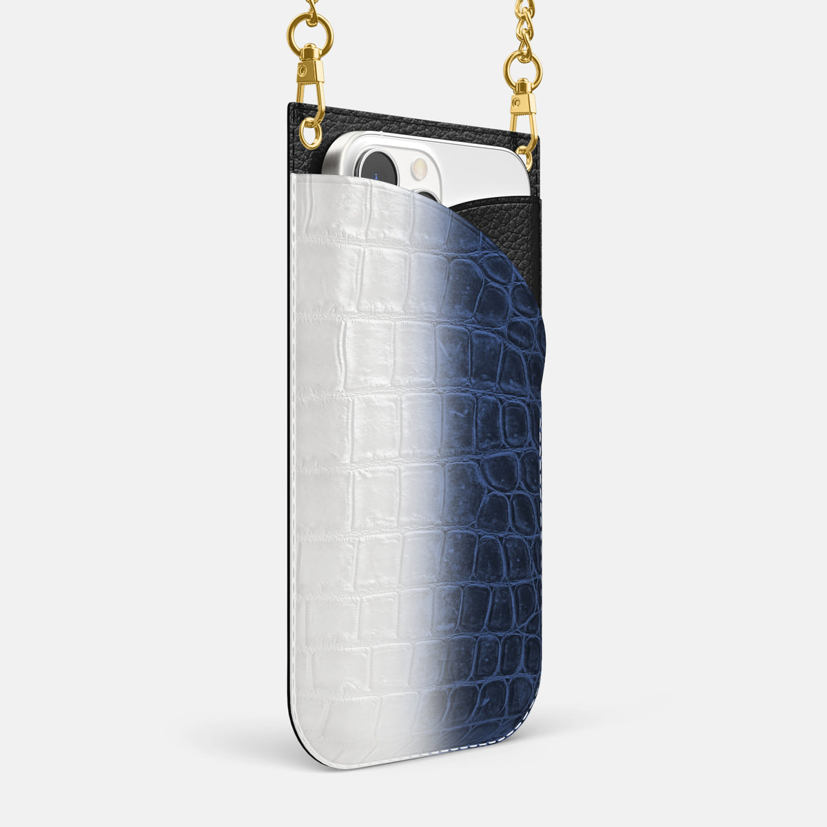 Navy Blue iPhone 16 Pro Max Crossbody Bag Himalayan Crocodile with Gold Metal -2 | Navy-Blue-Gold