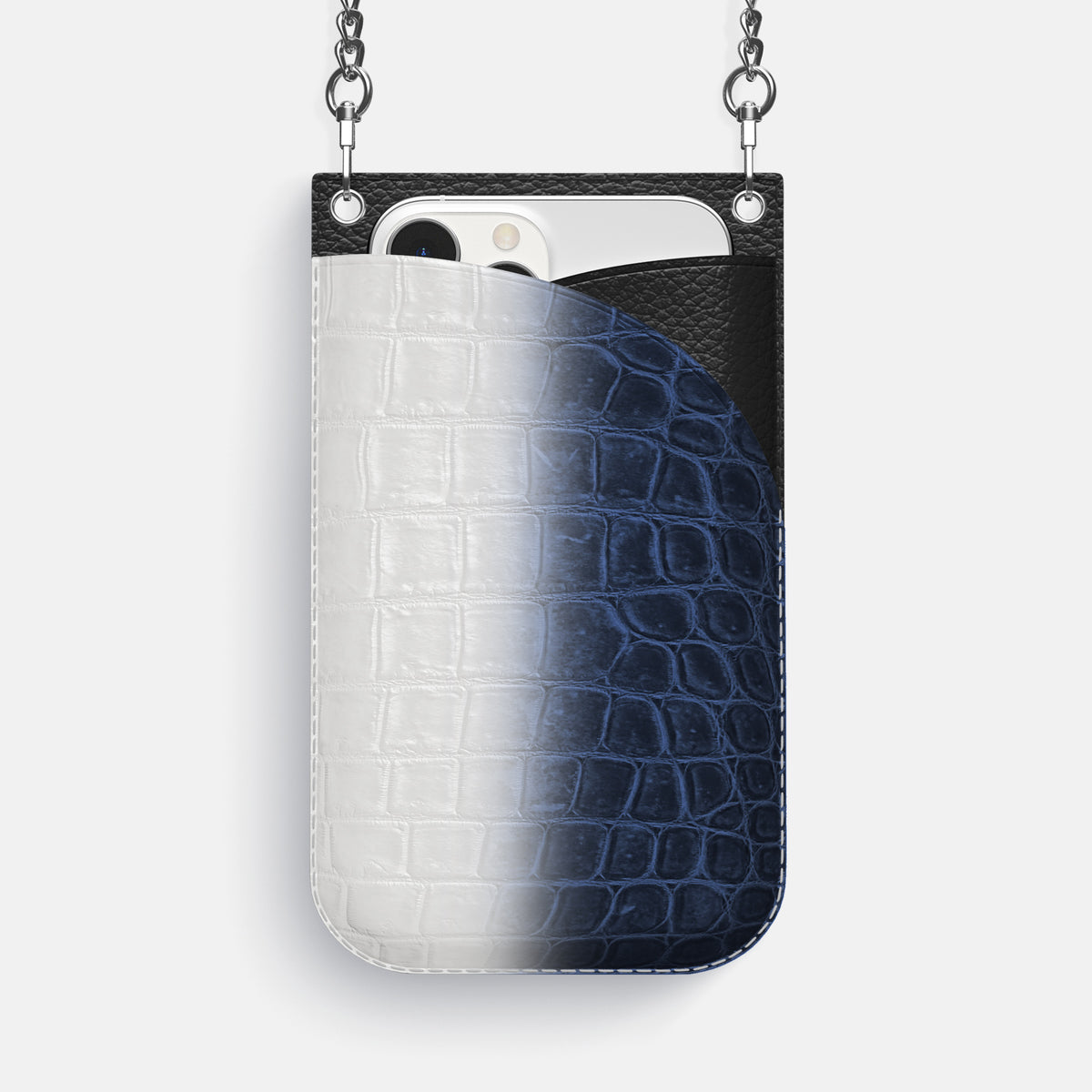 Navy Blue iPhone 16 Pro Max Crossbody Bag Himalayan Crocodile with Steel Metal -1 | Navy-Blue-Steel