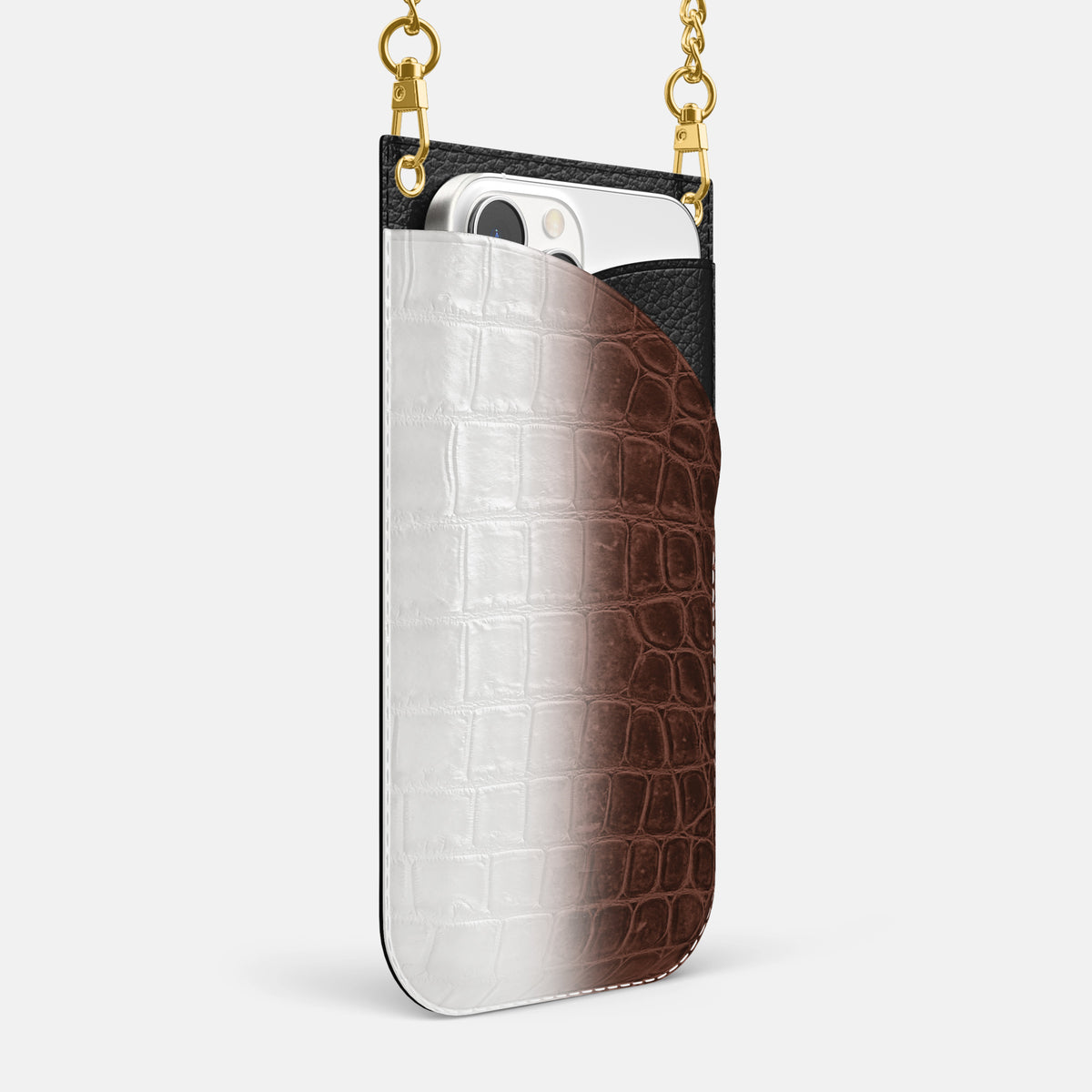 Dark Brown iPhone 16 Pro Max Crossbody Bag Himalayan Crocodile with Gold Metal -2 | Dark-Brown-Gold