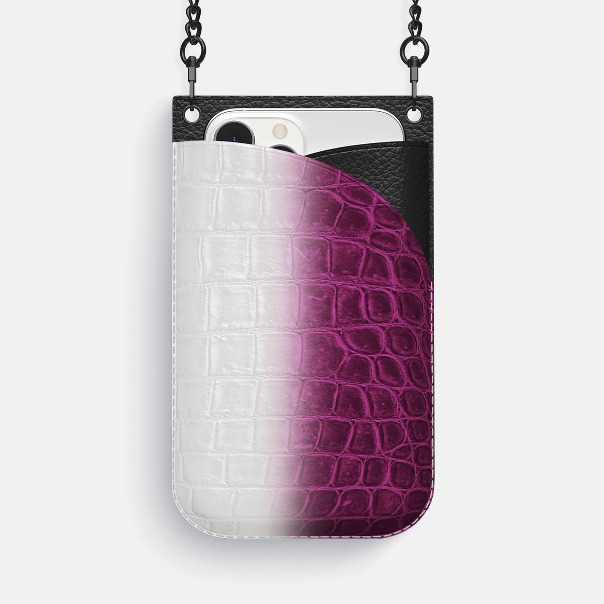 Fuchsia iPhone 16 Pro Max Crossbody Bag Himalayan Crocodile with Black Metal -1 | Fuchsia-Black