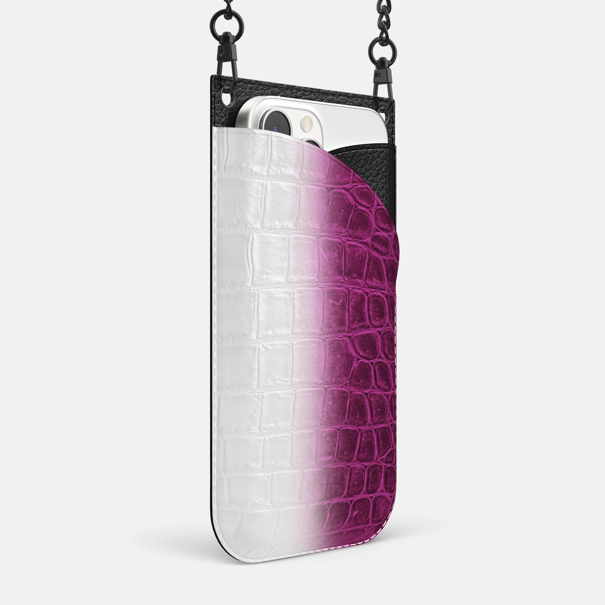Fuchsia iPhone 16 Pro Max Crossbody Bag Himalayan Crocodile with Black Metal -2 | Fuchsia-Black
