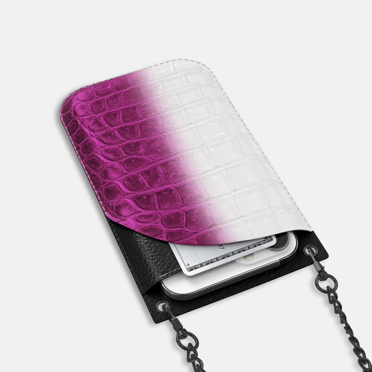 Fuchsia iPhone 16 Pro Max Crossbody Bag Himalayan Crocodile with Black Metal -5 | Fuchsia-Black