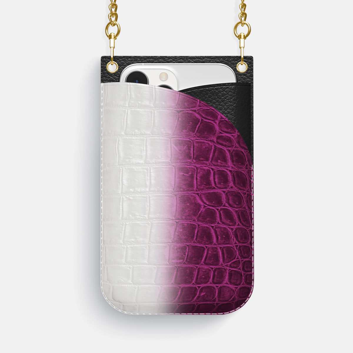Fuchsia iPhone 16 Pro Max Crossbody Bag Himalayan Crocodile with Gold Metal -1 | Fuchsia-Gold