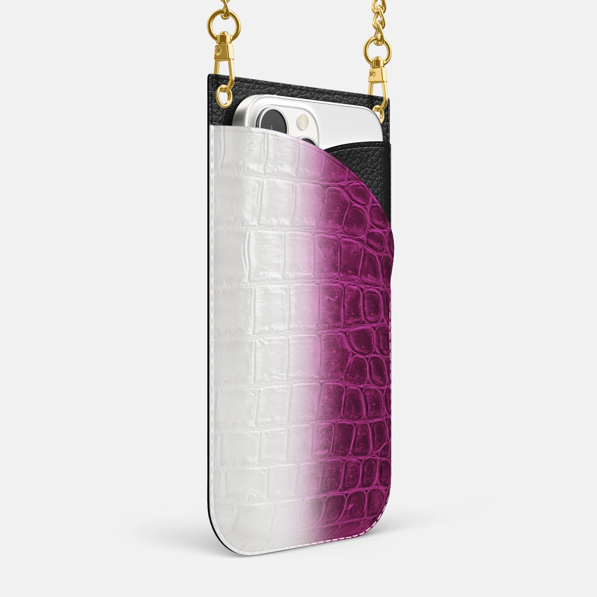 Fuchsia iPhone 16 Pro Max Crossbody Bag Himalayan Crocodile with Gold Metal -2 | Fuchsia-Gold