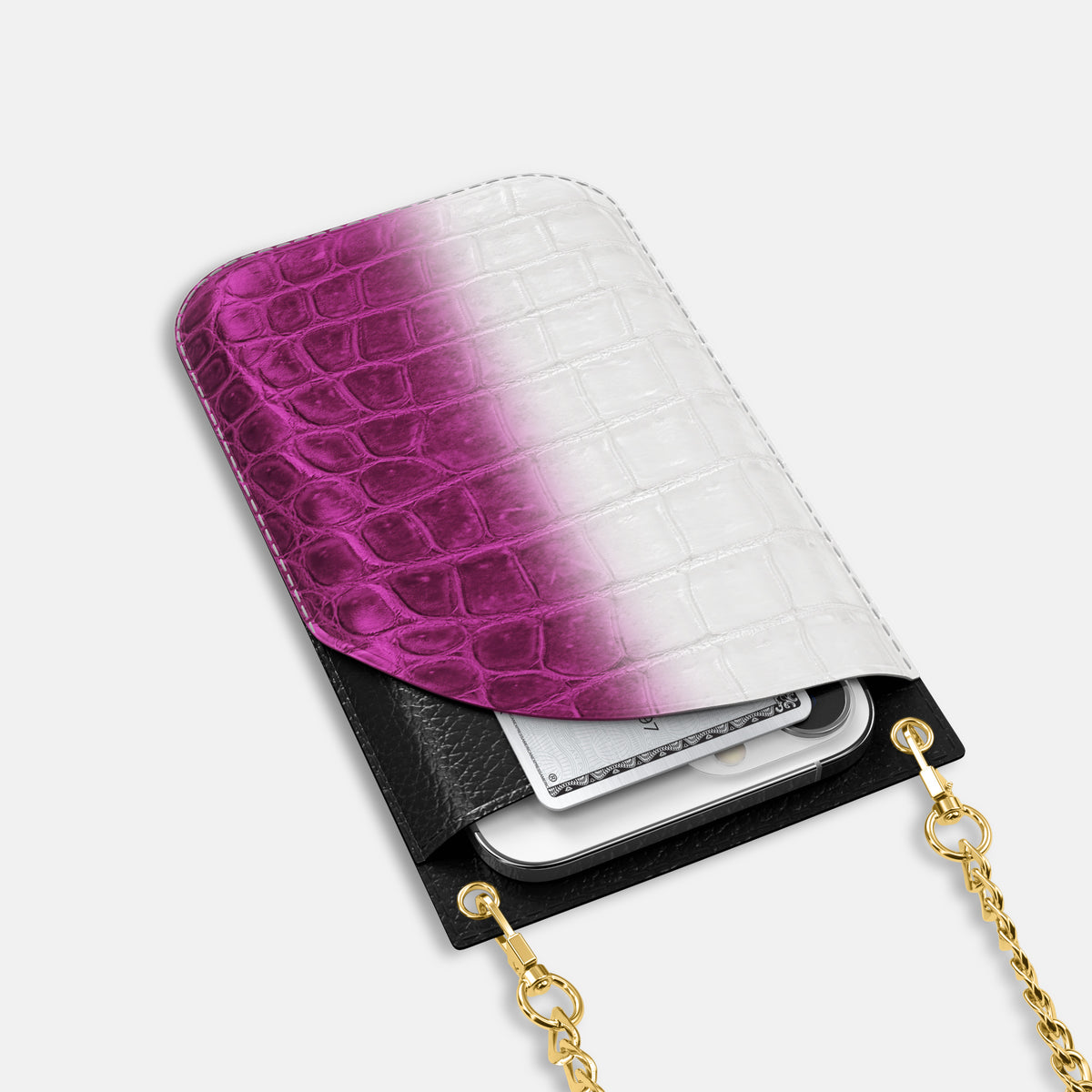 Fuchsia iPhone 16 Pro Max Crossbody Bag Himalayan Crocodile with Gold Metal -5 | Fuchsia-Gold