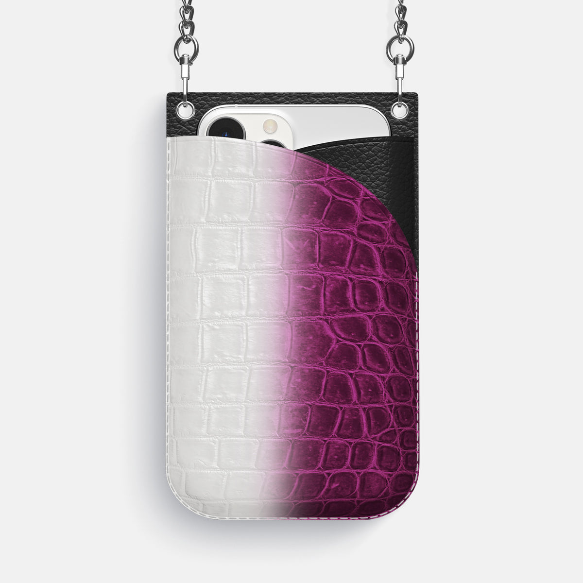 Fuchsia iPhone 16 Pro Max Crossbody Bag Himalayan Crocodile with Steel Metal -1 | Fuchsia-Steel