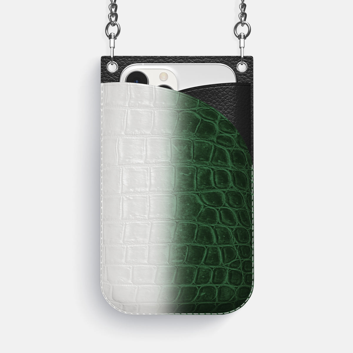 Green iPhone 16 Pro Max Crossbody Bag Himalayan Crocodile with Steel Metal -1 | Green-Steel