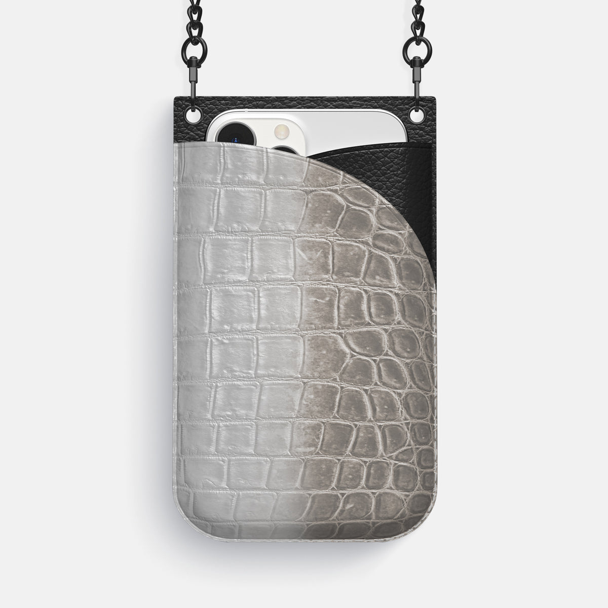 Grey iPhone 16 Pro Max Crossbody Bag Himalayan Crocodile with Black Metal -1 | Grey-Black