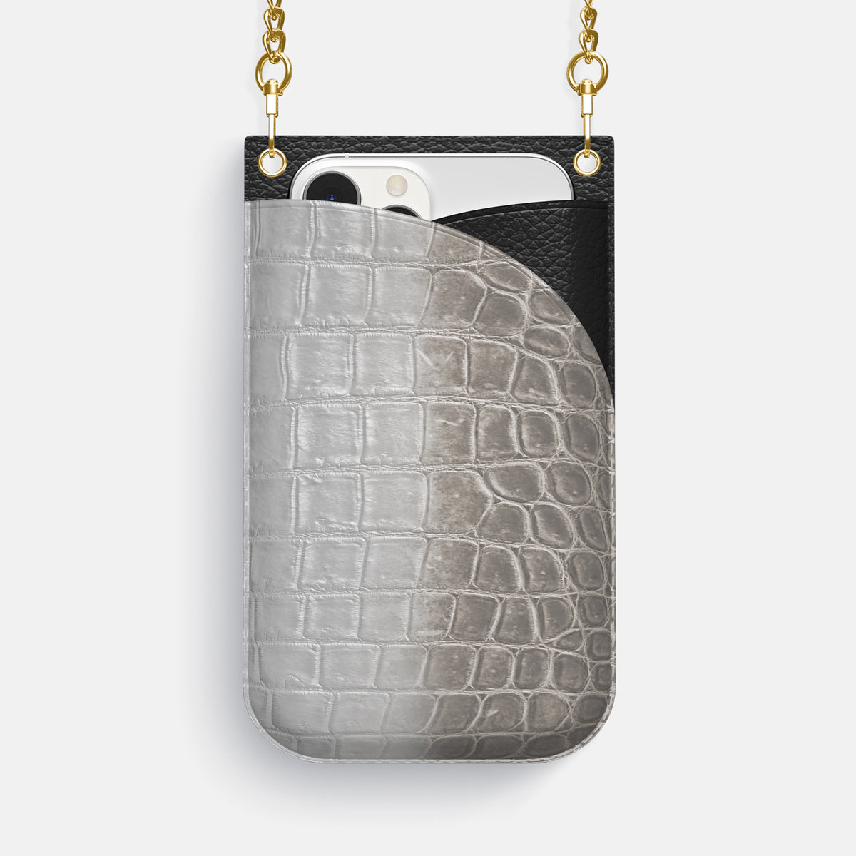 Grey iPhone 16 Pro Max Crossbody Bag Himalayan Crocodile with Gold Metal -1 | Grey-Gold