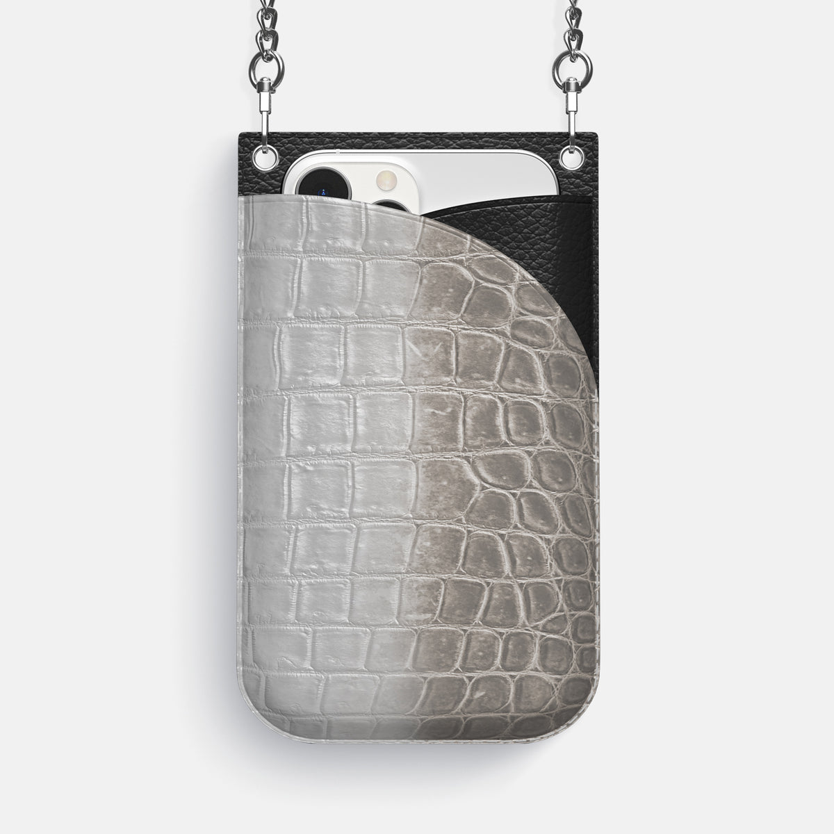 Grey iPhone 16 Pro Max Crossbody Bag Himalayan Crocodile with Steel Metal -1 | Grey-Steel